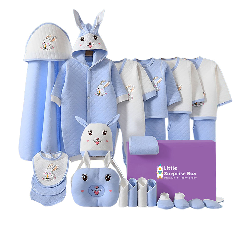 Little Surprise Box, 22pcs Blue & White Dual 3d ear Rabbit, Newborn Baby Girl/ Boy Winter wear Gift Hamper Box