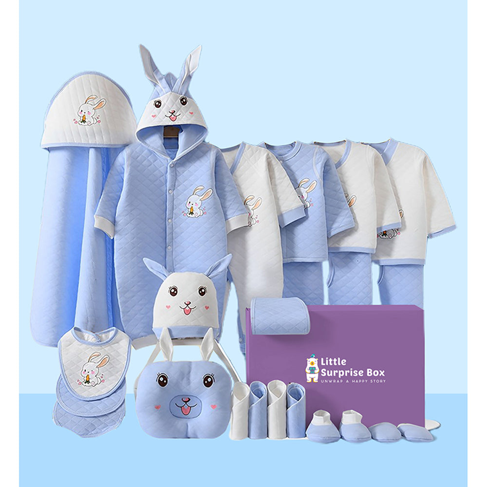 Little Surprise Box, 22pcs Blue & White Dual 3d ear Rabbit, Newborn Baby Girl/ Boy Winter wear Gift Hamper Box