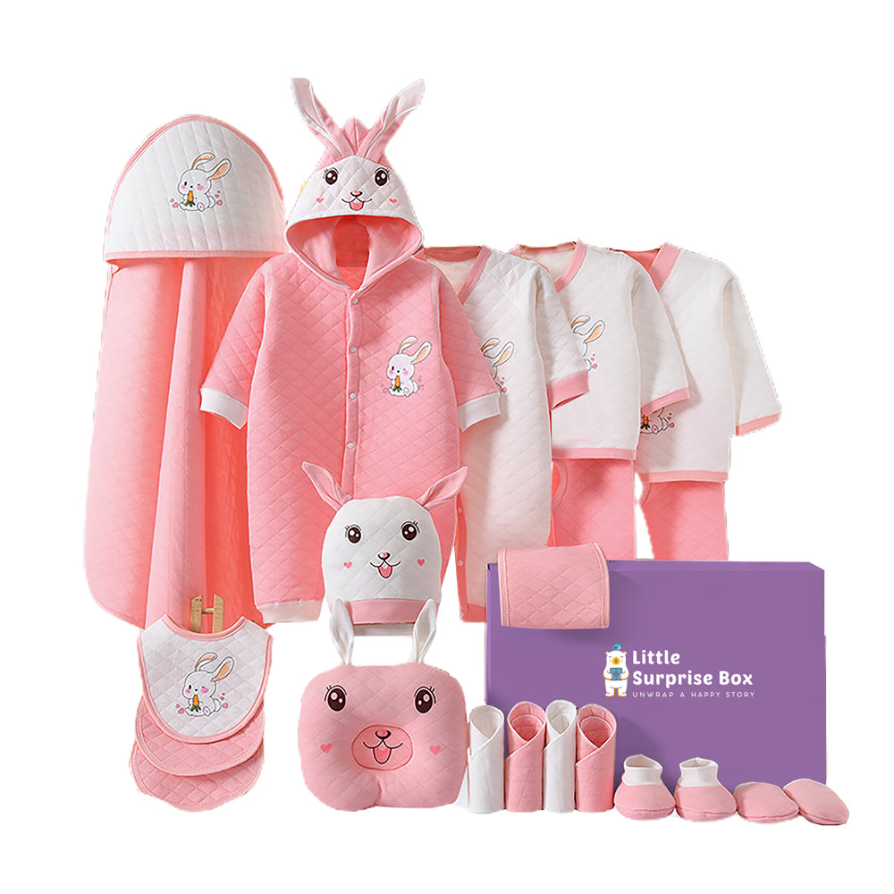 Little Surprise Box, 24pcs Pink & White Dual 3d ear Rabbit, Newborn Baby Girl/ Boy Winter wear Gift Hamper Box