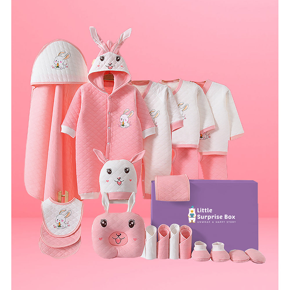 Little Surprise Box, 24pcs Pink & White Dual 3d ear Rabbit, Newborn Baby Girl/ Boy Winter wear Gift Hamper Box