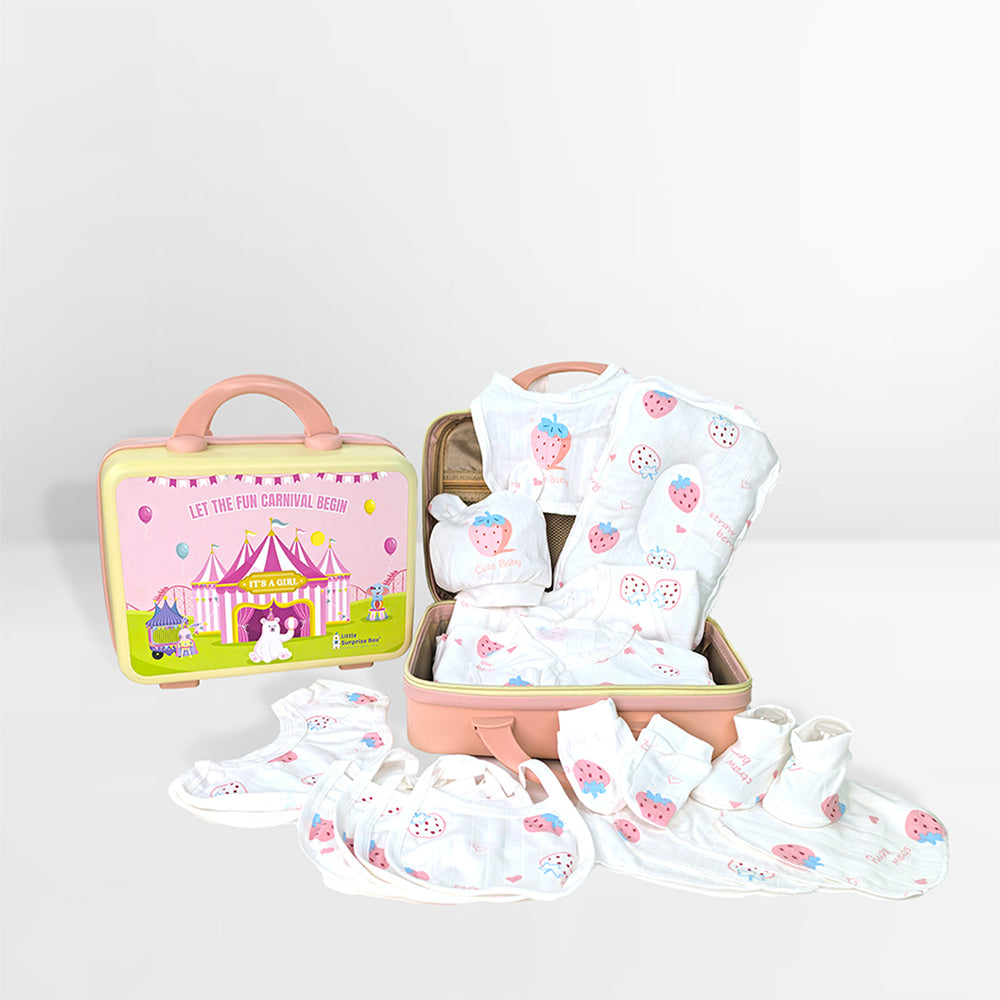 Little Surprise Box 22 Pcs White Strawberry Newborn Baby Girl/ Boy All Season Wear Gift Hamper With Suitcase