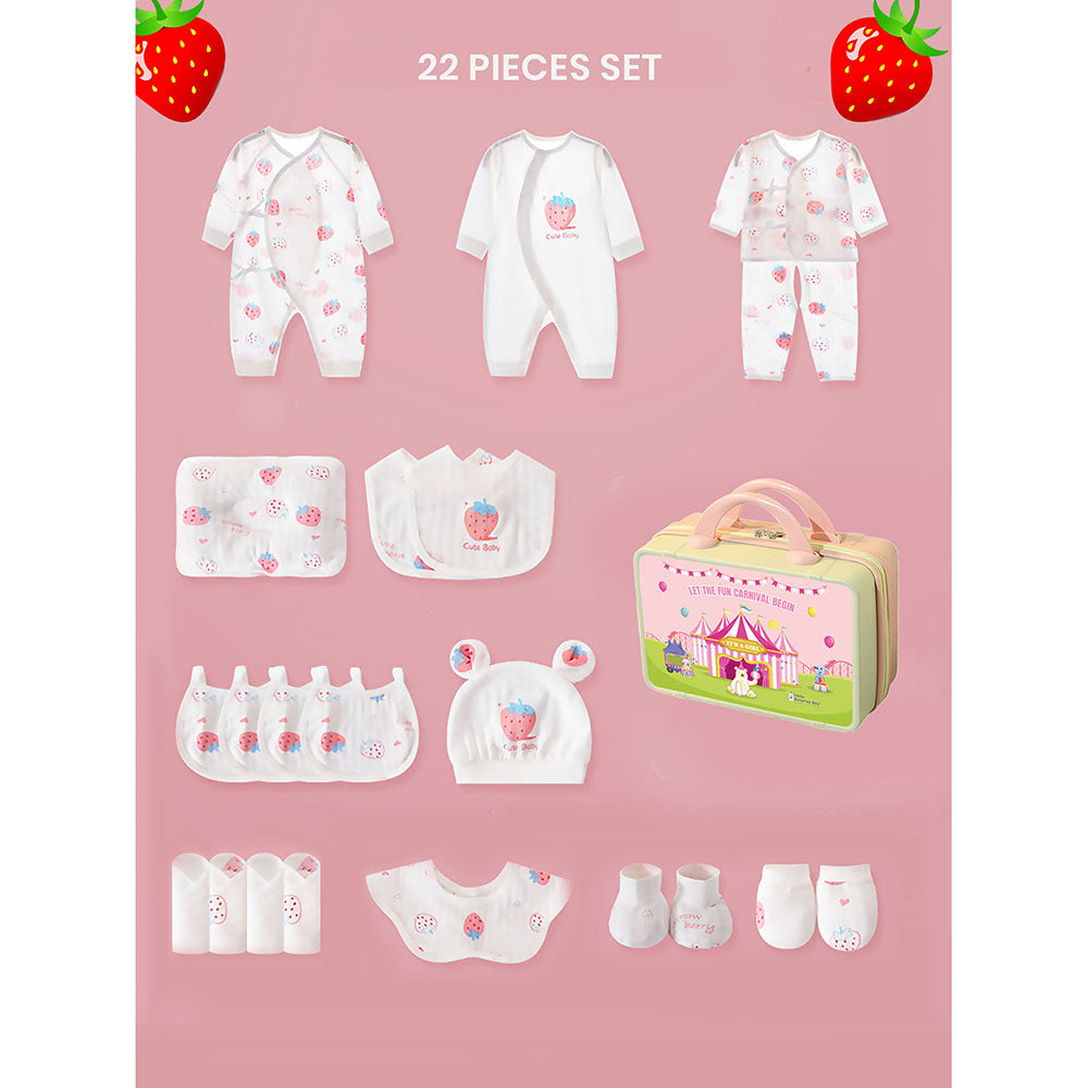 Little Surprise Box 22 Pcs White Strawberry Newborn Baby Girl/ Boy All Season Wear Gift Hamper With Suitcase