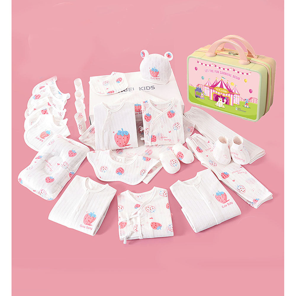 Little Surprise Box 22 Pcs White Strawberry Newborn Baby Girl/ Boy All Season Wear Gift Hamper With Suitcase