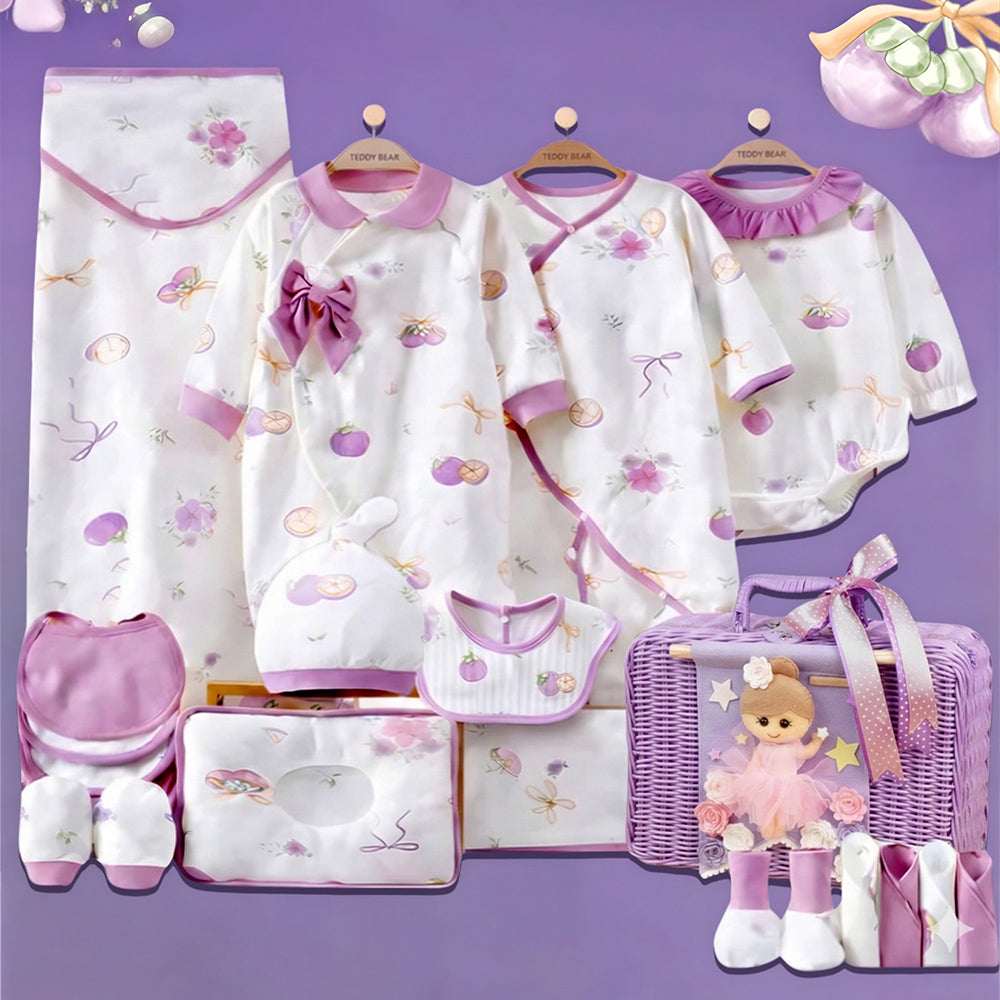 Little Surprise Box, 23 pcs Fairy Bow Newborn Baby Girl Gift Box set, All Season Wear Hamper with luxury designed Storage Cane Basket (0-12 months)
