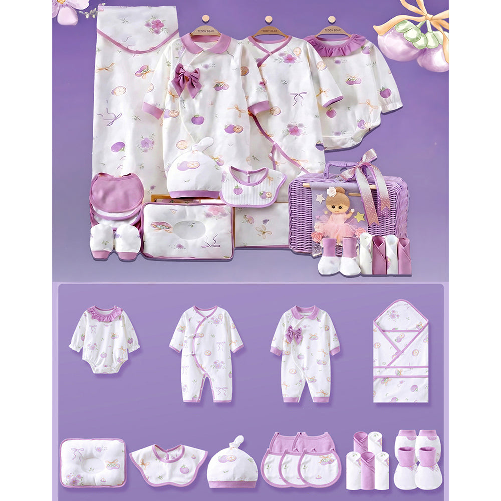 Little Surprise Box, 23 pcs Fairy Bow Newborn Baby Girl Gift Box set, All Season Wear Hamper with luxury designed Storage Cane Basket (0-12 months)