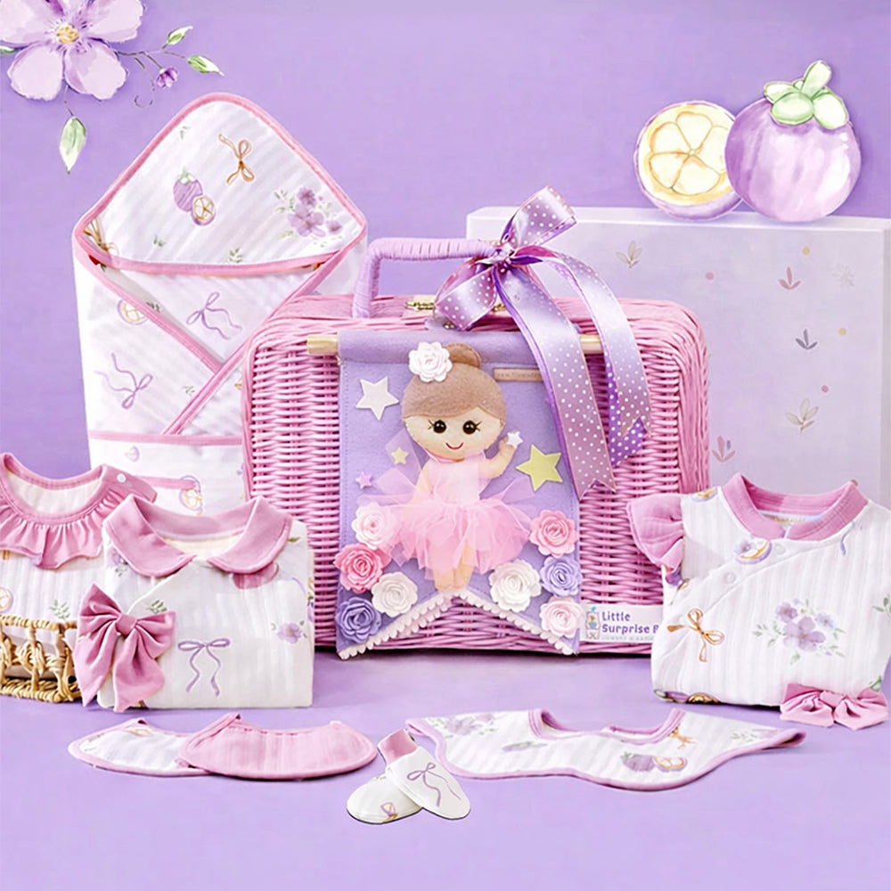 Little Surprise Box, 23 pcs Fairy Bow Newborn Baby Girl Gift Box set, All Season Wear Hamper with luxury designed Storage Cane Basket (0-12 months)