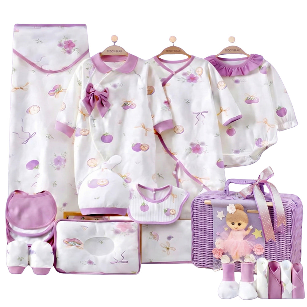 Little Surprise Box, 23 pcs Fairy Bow Newborn Baby Girl Gift Box set, All Season Wear Hamper with luxury designed Storage Cane Basket (0-12 months)