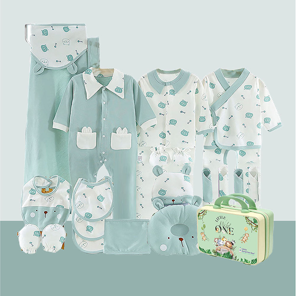 Little Surprise Box, 23 pcs Mint Green & White Ted Face, Newborn Baby Girl/ Boy All season wear Gift Hamper Box