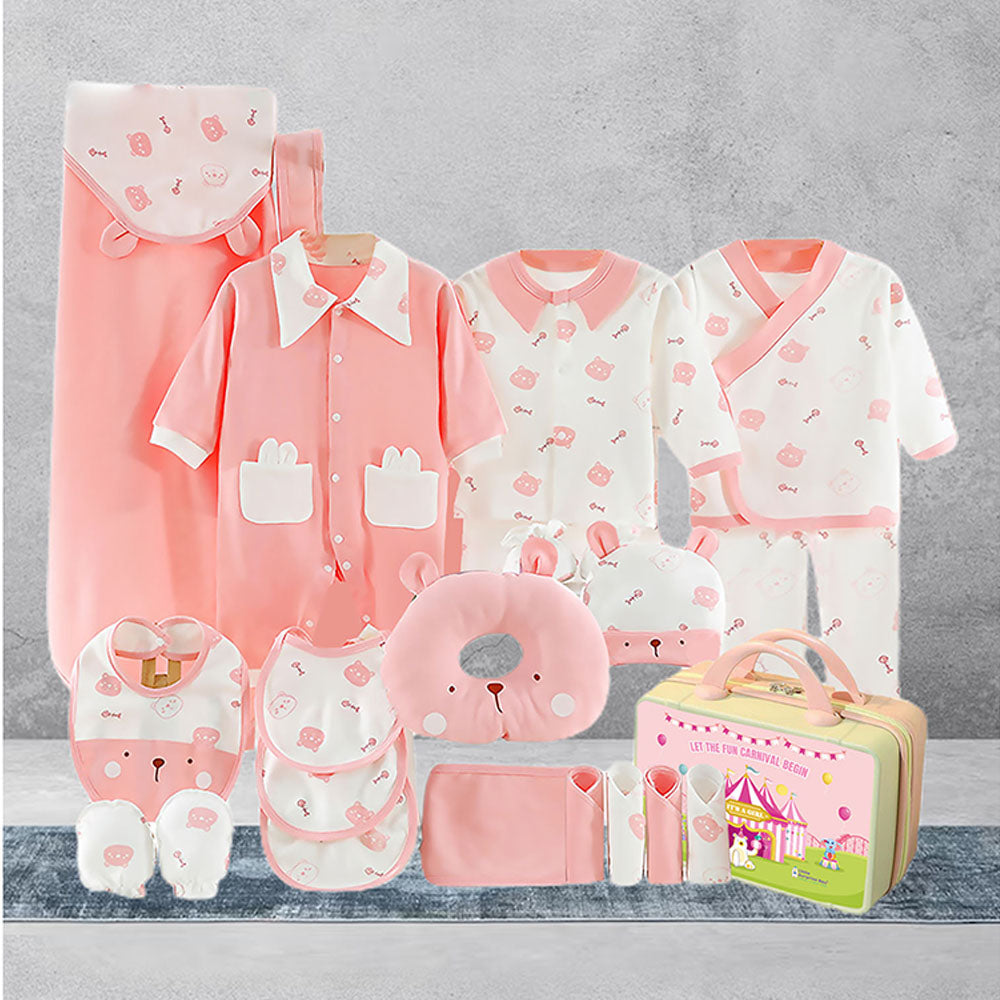 Little Surprise Box, 23 pcs Pink & white Ted Face, Newborn Baby Girl/ Boy All season wear Gift Hamper Box