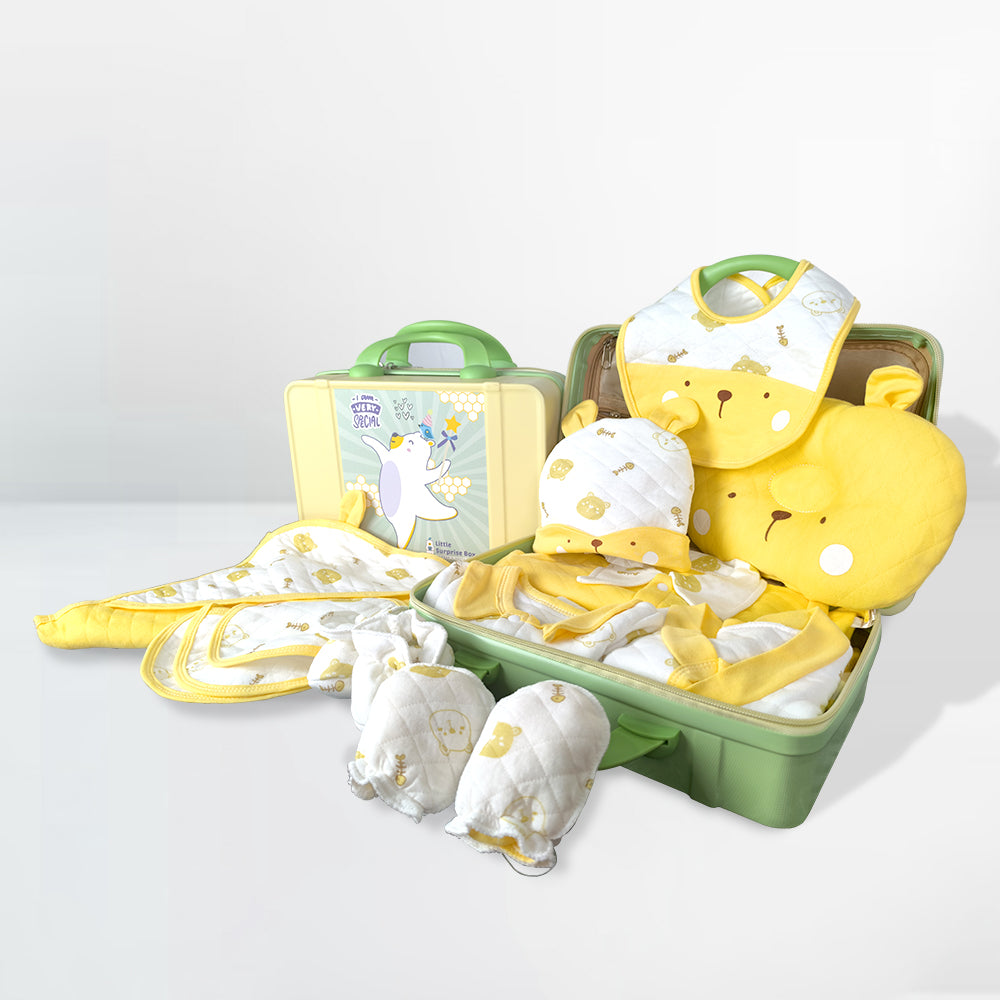 Little Surprise Box, 23 pcs Yellow & white Ted Face, Newborn Baby Girl/ Boy All season wear Gift Hamper Box