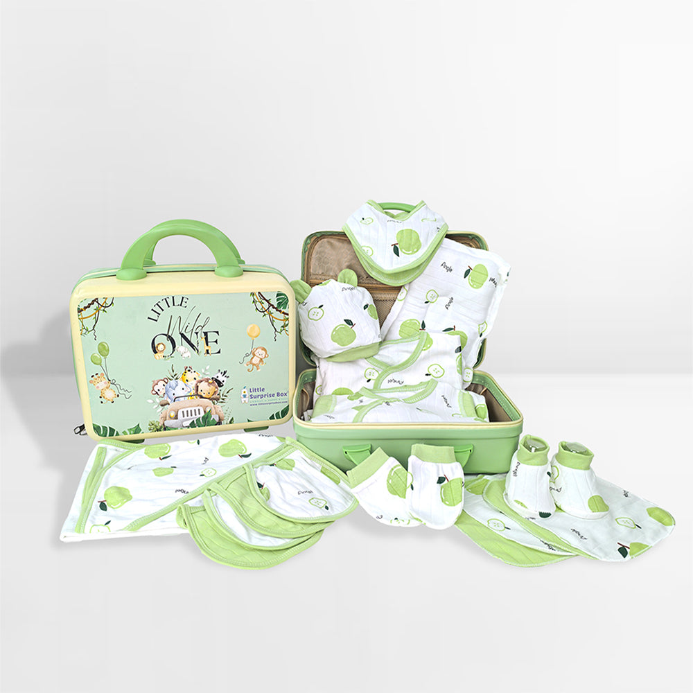 Little Surprise Box 25 Pcs Green Apple Newborn Baby Girl/ Boy All Season Wear Gift Hamper With Suitcase