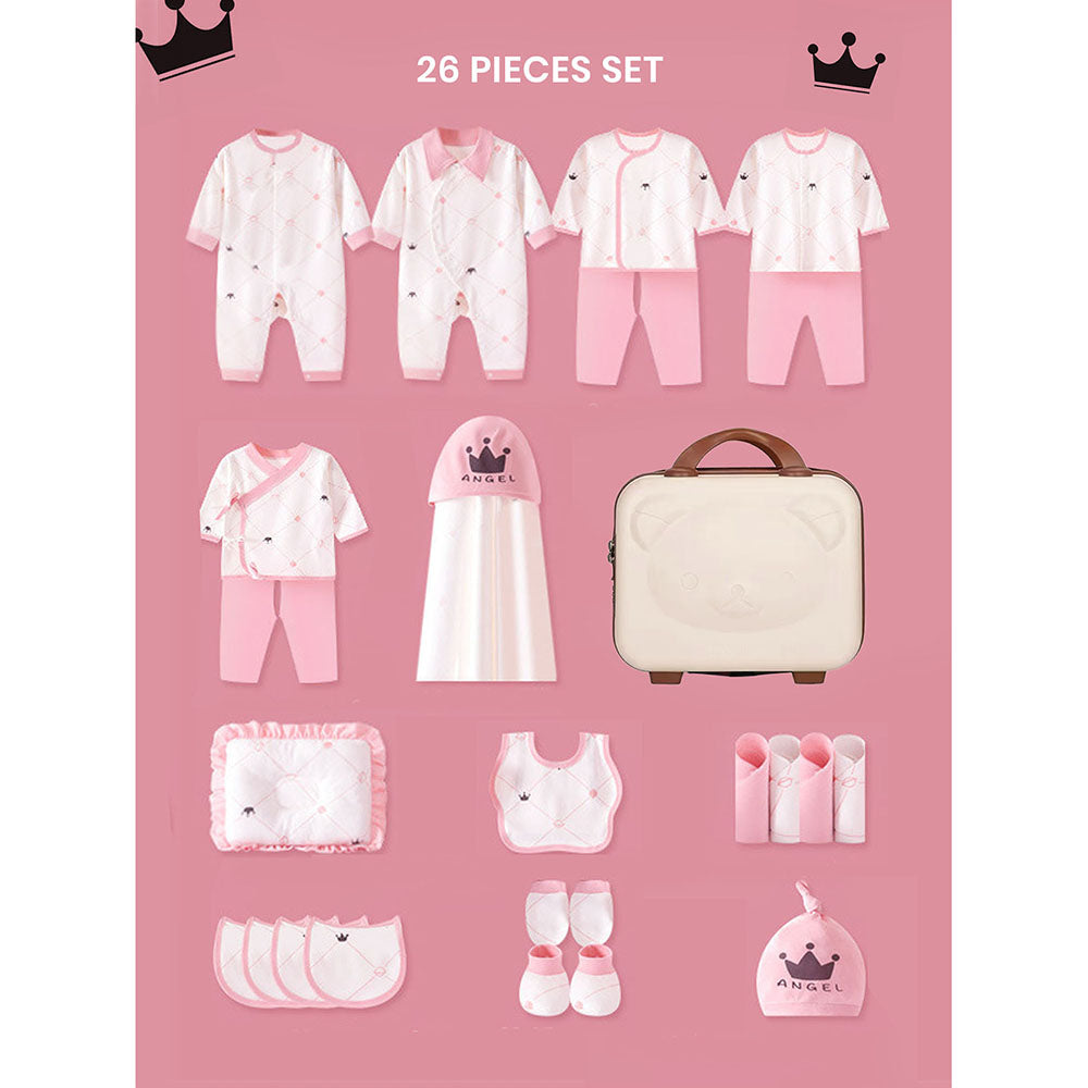 Little Surprise Box 26 Pcs Pink Tiara Newborn Baby Girl/ Boy All Season Wear Gift Hamper With Suitcase