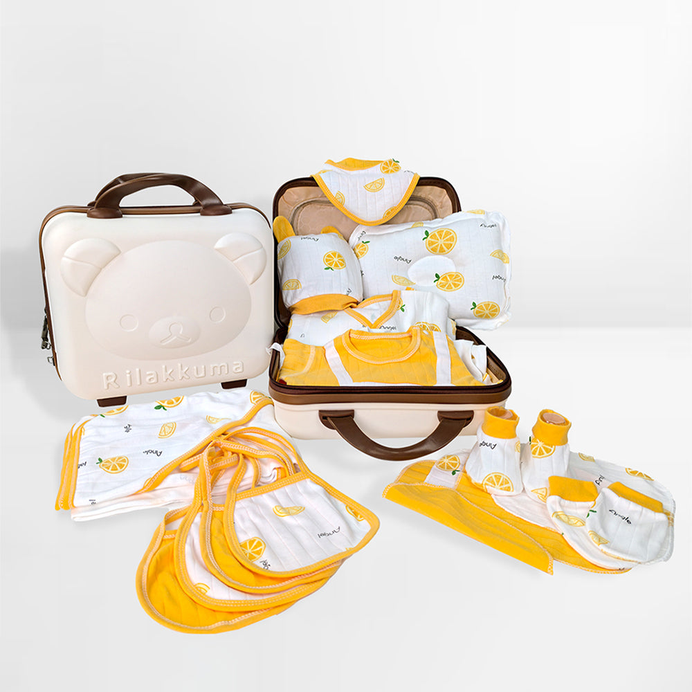 Little Surprise Box 27 Pcs Orangy Kick Newborn Baby Girl/ Boy All Season Wear Gift Hamper With Suitcase