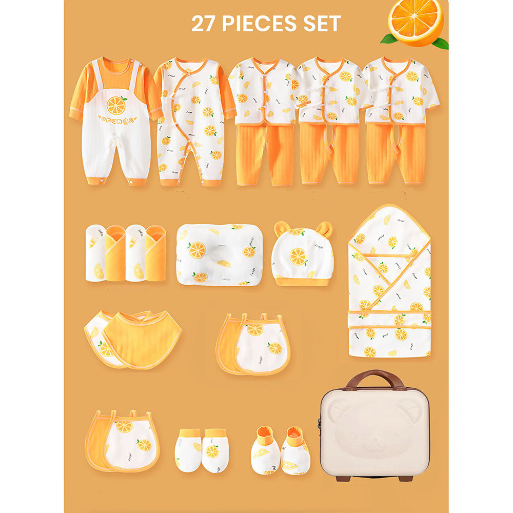 Little Surprise Box 27 Pcs Orangy Kick Newborn Baby Girl/ Boy All Season Wear Gift Hamper With Suitcase