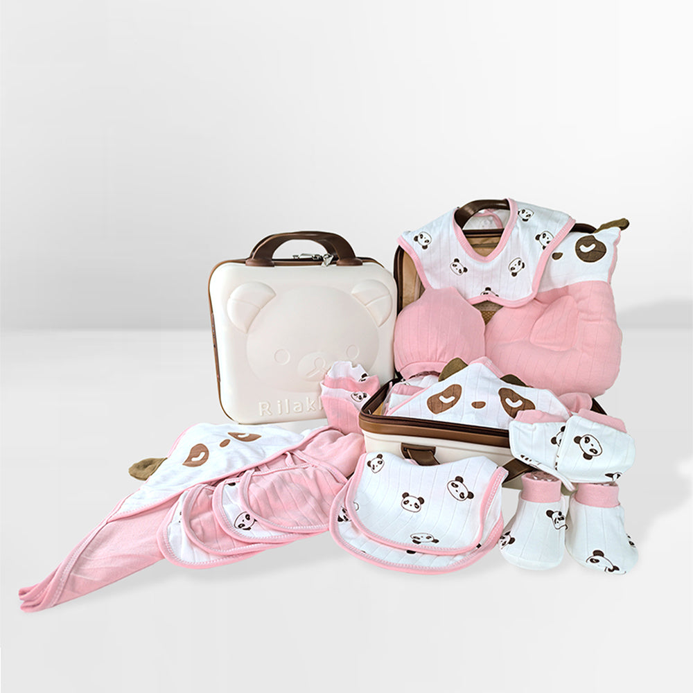 Little Surprise Box 27 Pcs Pink Sleepy Panda Newborn Baby Girl/ Boy All Season Wear Gift Hamper With Suitcase