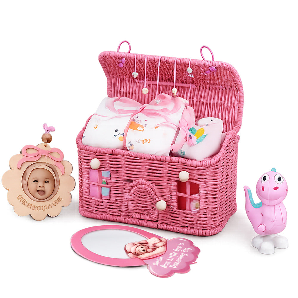 Little Surprise Box 19 pcs, Pink Teddy Home cane basket themed Newborn Baby Girl, All Season wear,Gift Hamper set, 0-6 months