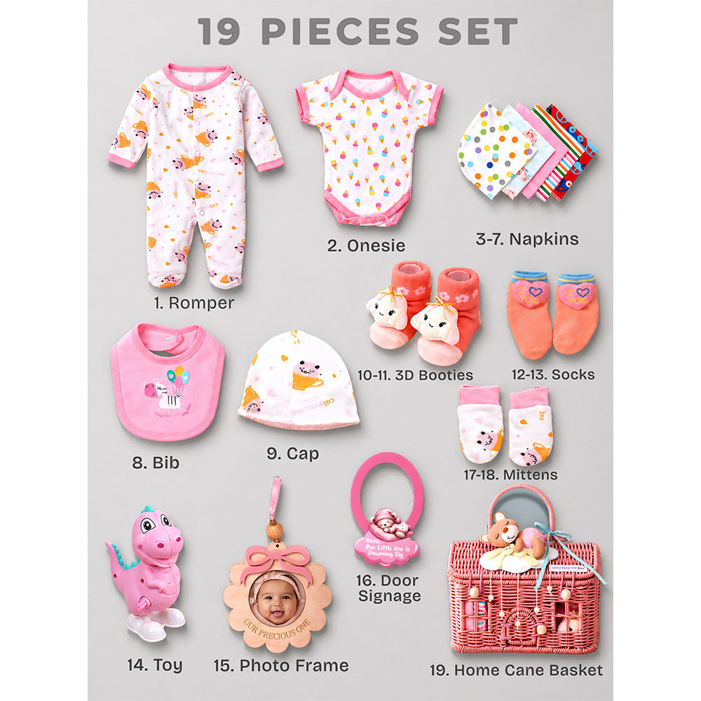 Little Surprise Box 19 pcs, Pink Teddy Home cane basket themed Newborn Baby Girl, All Season wear,Gift Hamper set, 0-6 months