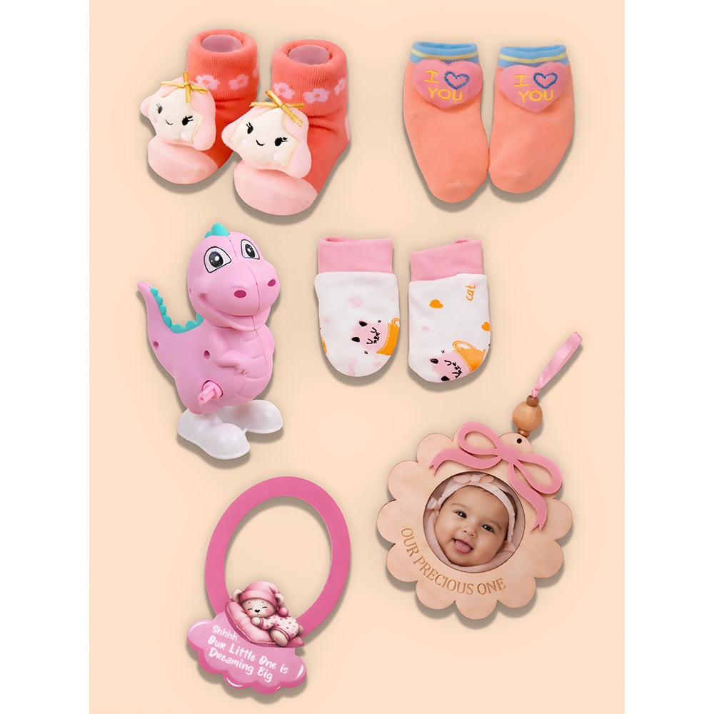 Little Surprise Box 19 pcs, Pink Teddy Home cane basket themed Newborn Baby Girl, All Season wear,Gift Hamper set, 0-6 months