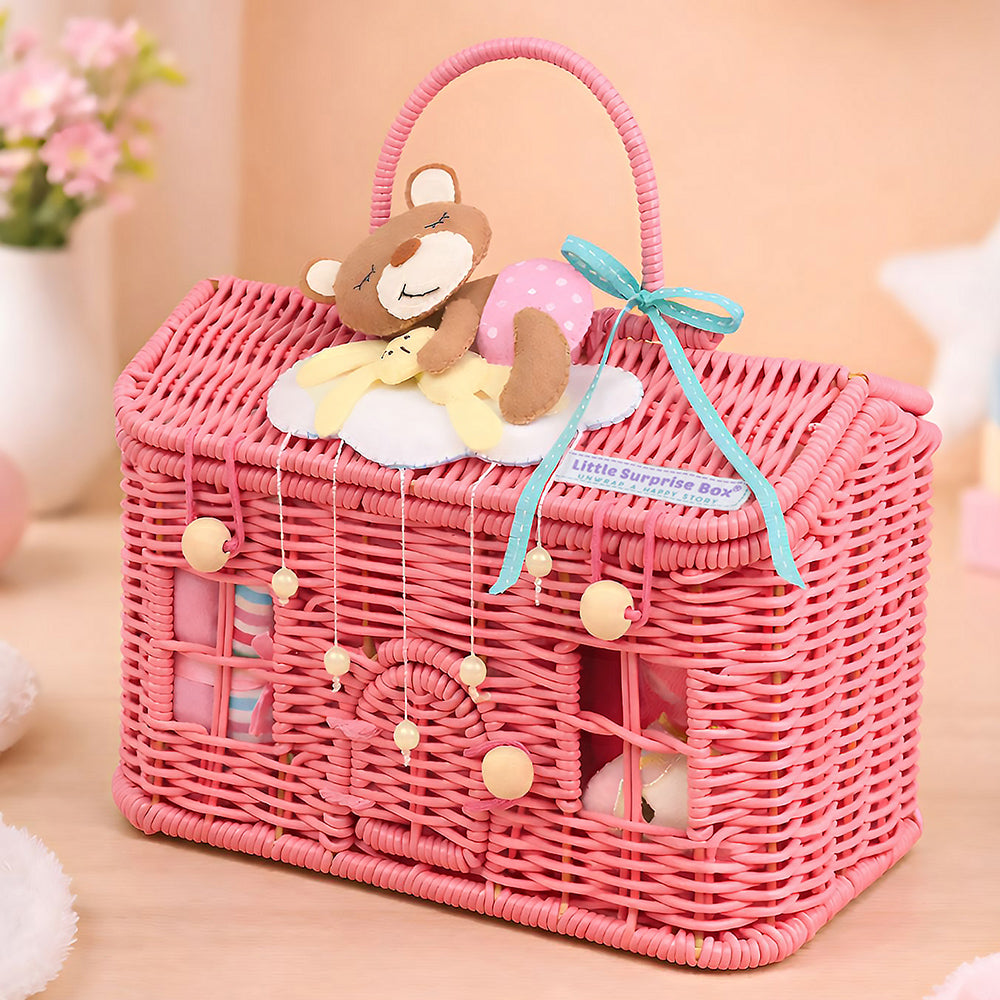 Little Surprise Box 19 pcs, Pink Teddy Home cane basket themed Newborn Baby Girl, All Season wear,Gift Hamper set, 0-6 months
