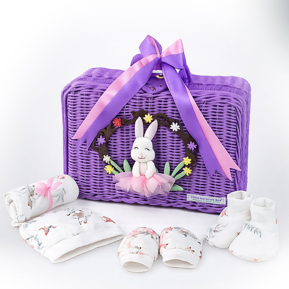 Little Surprise Box 20 pcs, Woodland Rabbit Cane Basket themed Newborn Baby Girl All Season wear,Gift Hamper set,0-12 months
