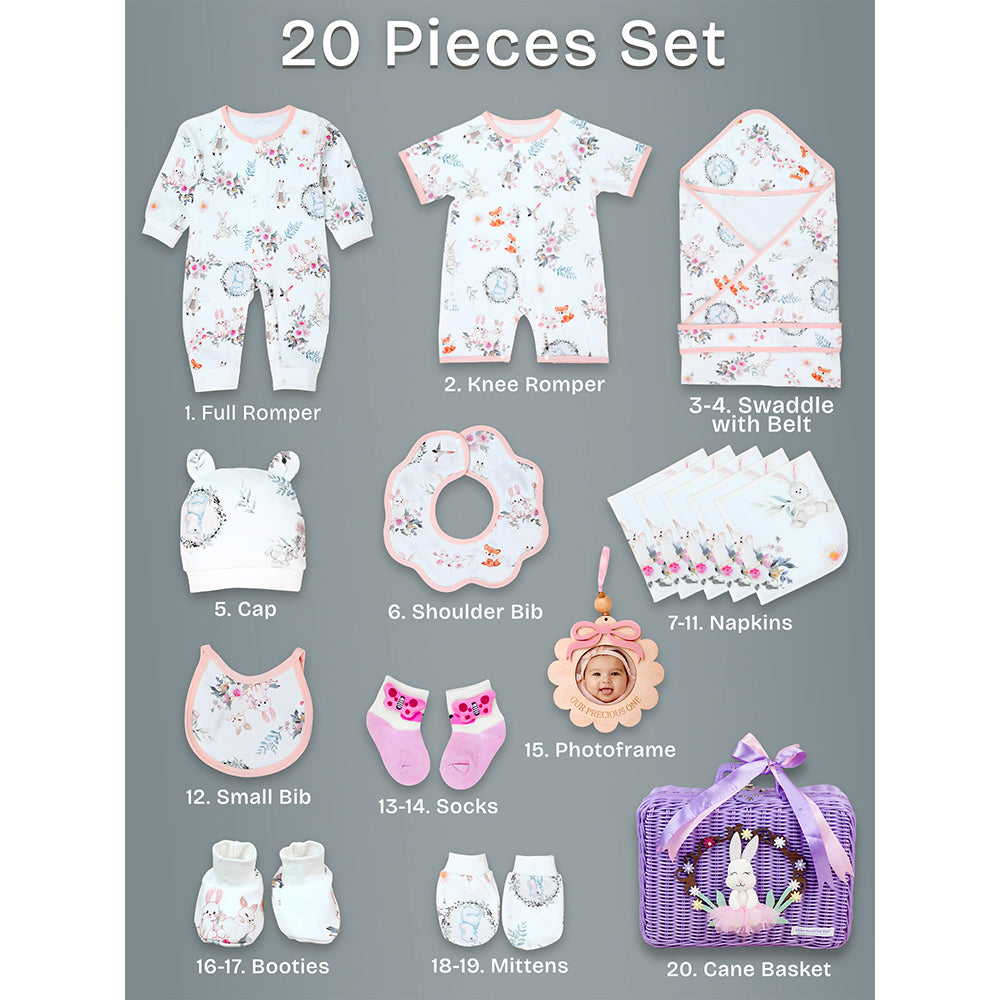 Little Surprise Box 20 pcs, Woodland Rabbit Cane Basket themed Newborn Baby Girl All Season wear,Gift Hamper set,0-12 months