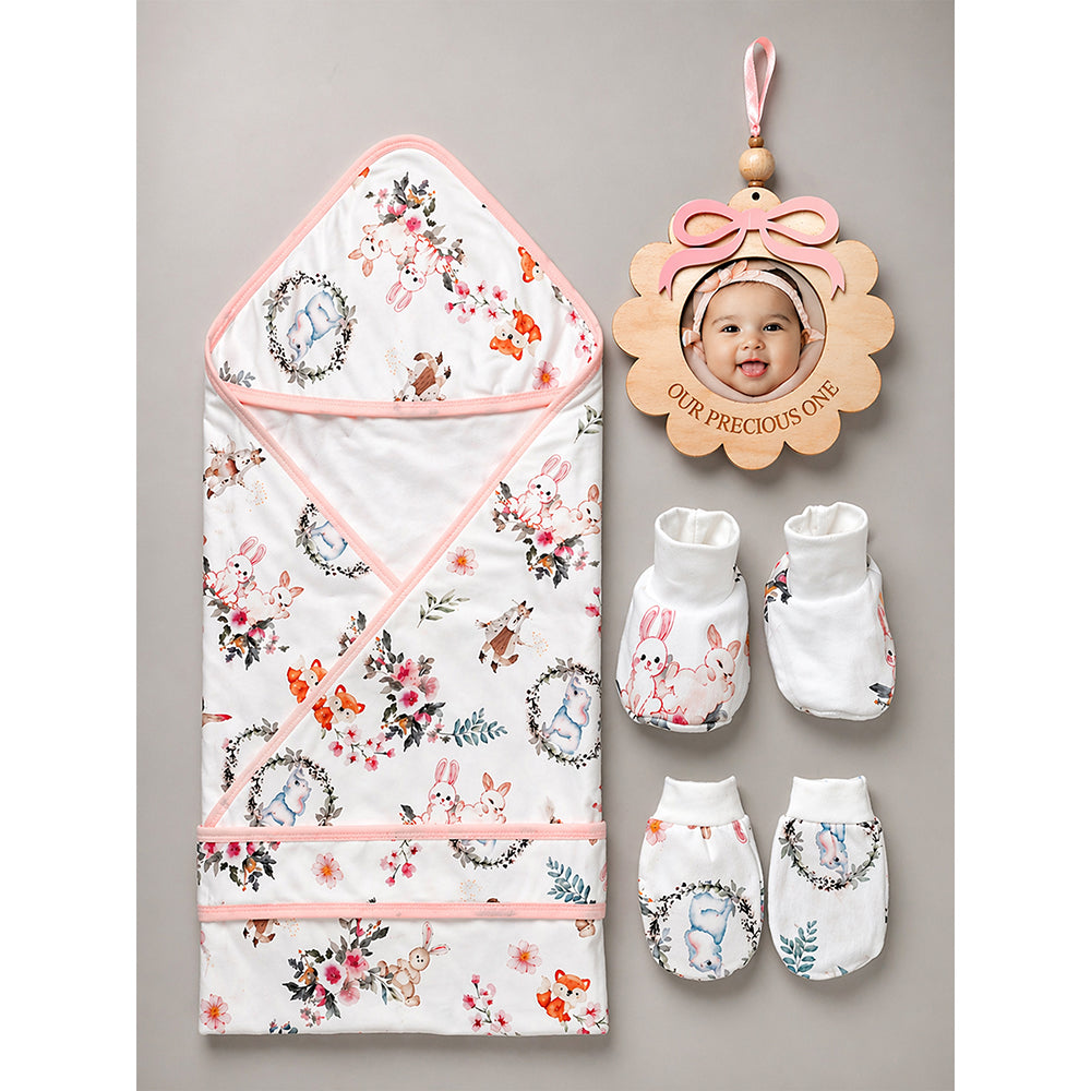 Little Surprise Box 20 pcs, Woodland Rabbit Cane Basket themed Newborn Baby Girl All Season wear,Gift Hamper set,0-12 months
