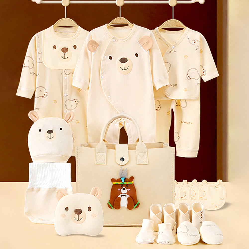 Little Surprise Box, 21pcs  Woodland Bear Totebag Hamper for Newborn Baby Boy / Baby Girl, Giftset for Baby , All Season wear, 0-12 months