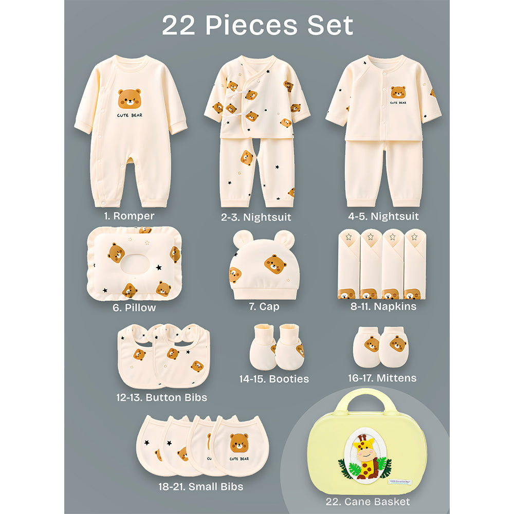 Little Surprise Box, 22 pcs small Bear Hamper for Newborn Baby Boy/ Baby Girl, All season wear hamper with Giraffe travel Suitcase , 0-12 months