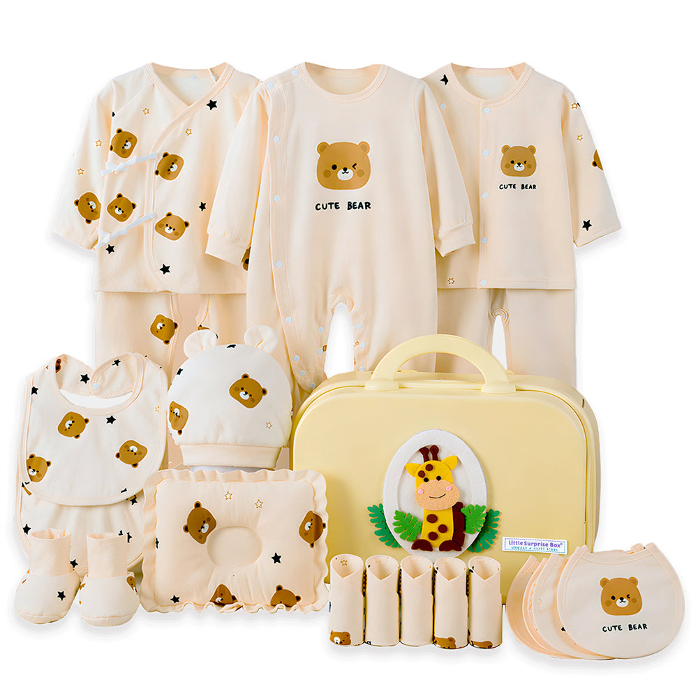 Little Surprise Box, 22 pcs small Bear Hamper for Newborn Baby Boy/ Baby Girl, All season wear hamper with Giraffe travel Suitcase , 0-12 months