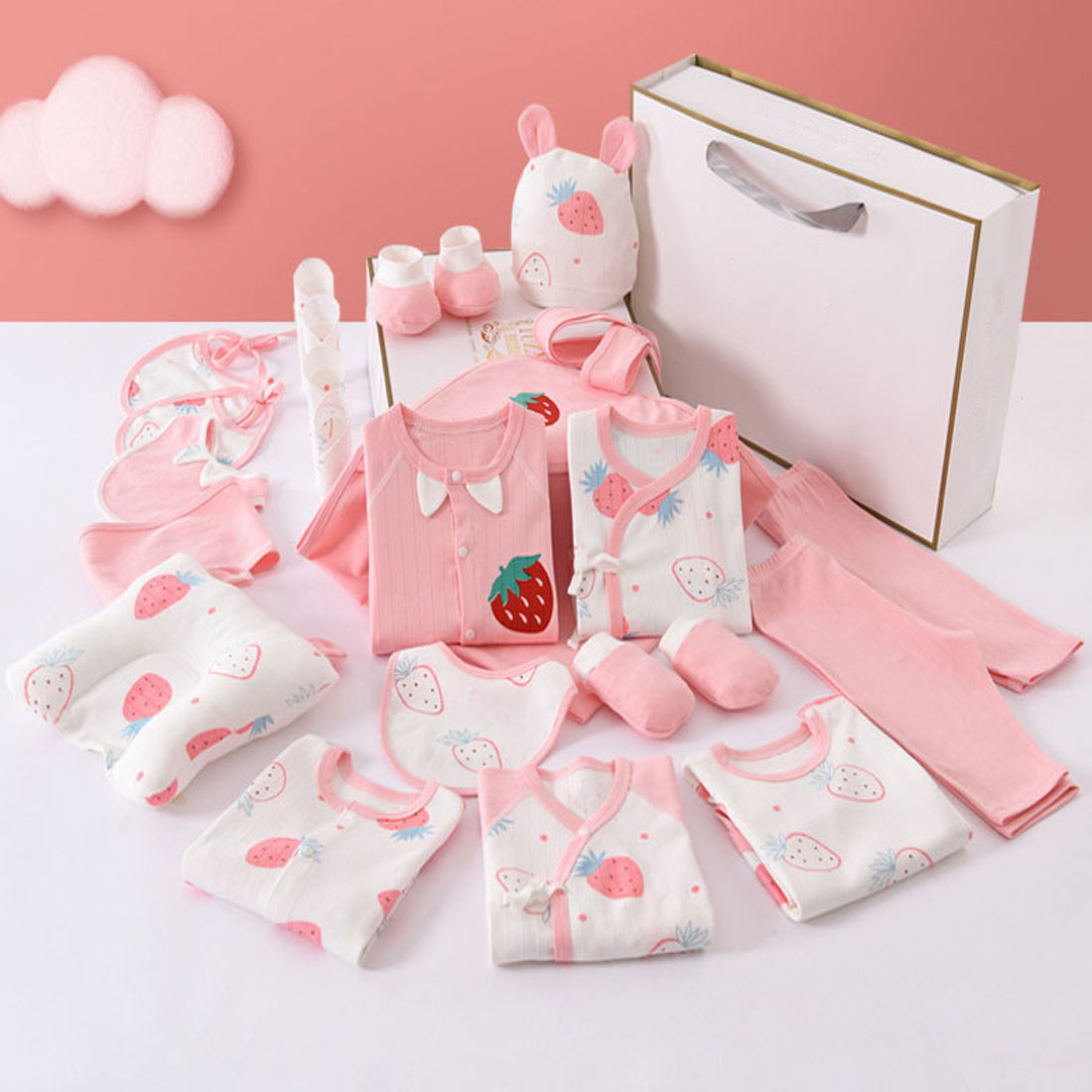 Little Surprise Box - 24 pcs Newly Born Baby Girl/Boy Gift Hamper (Strawberry Print) 0-6 Months