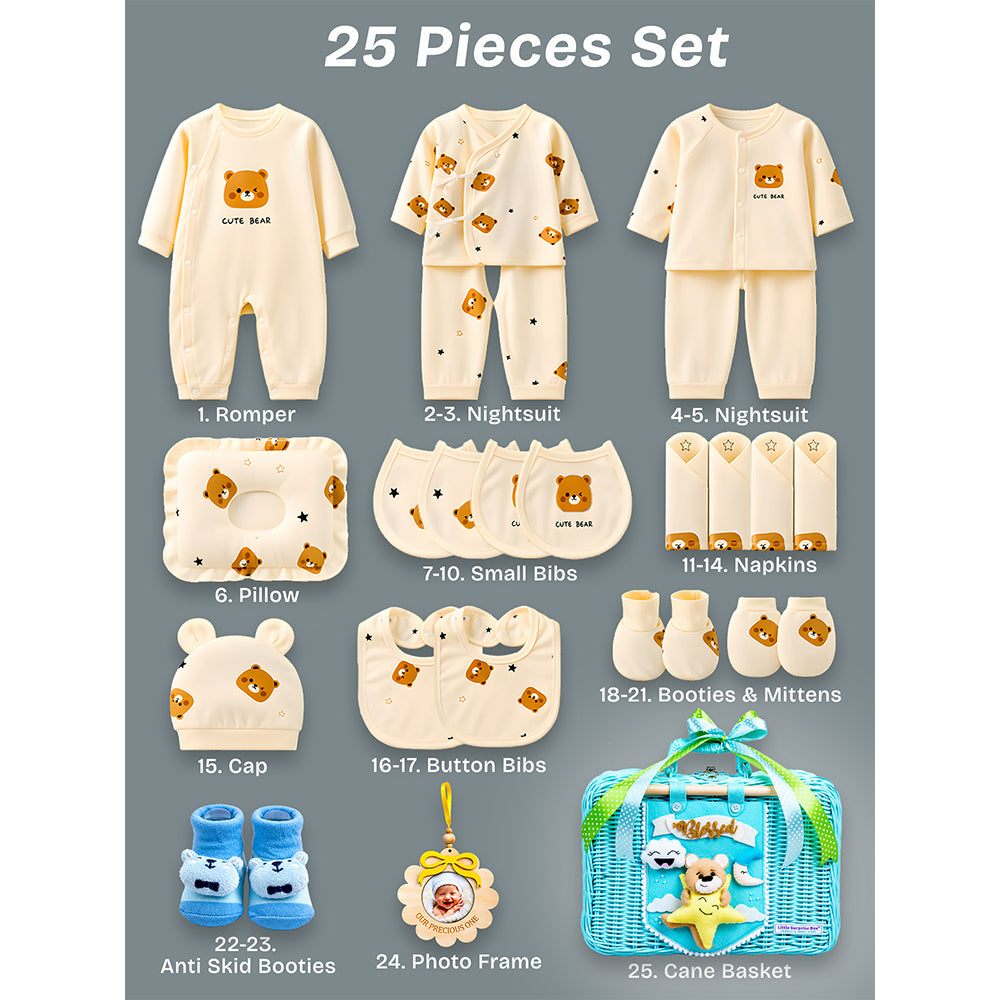 Little Surprise Box, 25 pcs Beige Bear Hamper for Newborn Boy/Girl, All Season wear hamper with luxury designed blue storage cane basket 0-12 months