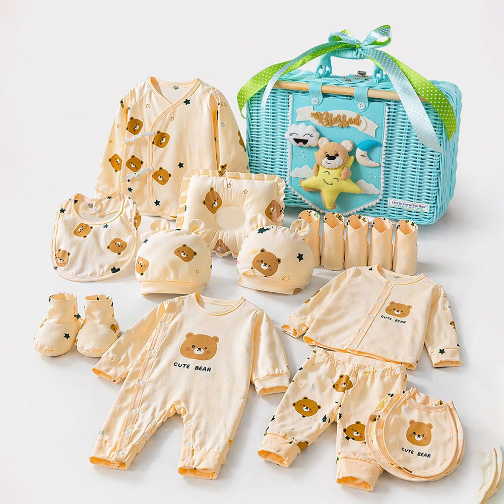 Little Surprise Box, 25 pcs Beige Bear Hamper for Newborn Boy/Girl, All Season wear hamper with luxury designed blue storage cane basket 0-12 months