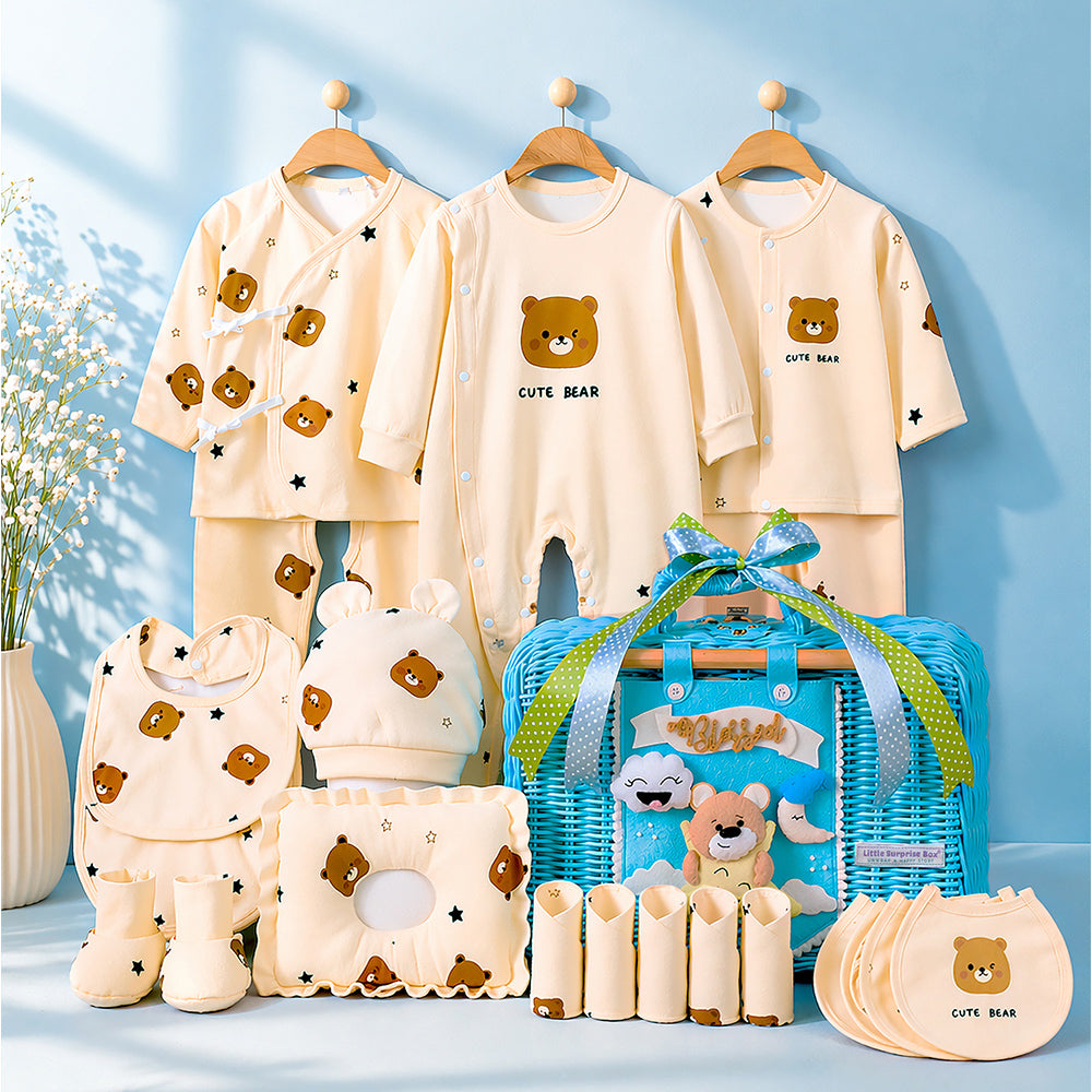 Little Surprise Box, 25 pcs Beige Bear Hamper for Newborn Boy/Girl, All Season wear hamper with luxury designed blue storage cane basket 0-12 months