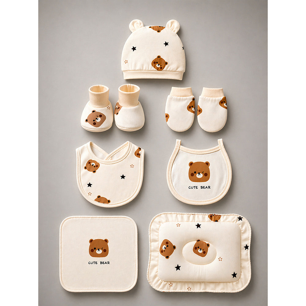 Little Surprise Box, 25 pcs Beige Bear Hamper for Newborn Boy/Girl, All Season wear hamper with luxury designed blue storage cane basket 0-12 months