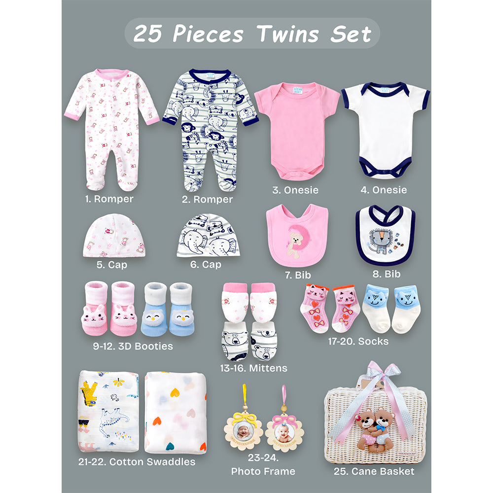 Little Surprise Box 25 pcs, Twin Boy & Girl White cane basket themed Newborn Baby Boy, All Season wear ,Gift Hamper set, 0-6 months