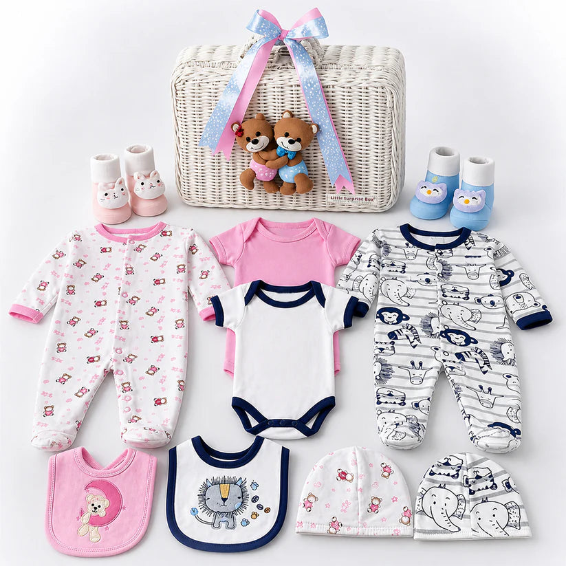 Little Surprise Box 25 pcs, Twin Boy & Girl White cane basket themed Newborn Baby Boy, All Season wear ,Gift Hamper set, 0-6 months