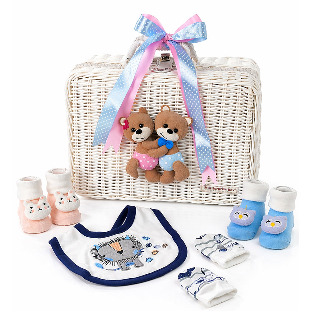 Little Surprise Box 25 pcs, Twin Boy & Girl White cane basket themed Newborn Baby Boy, All Season wear ,Gift Hamper set, 0-6 months
