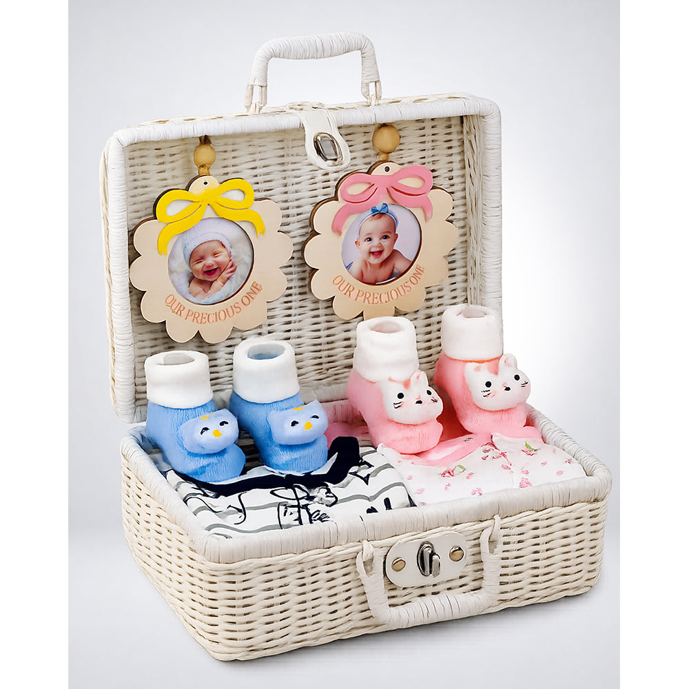 Little Surprise Box 25 pcs, Twin Boy & Girl White cane basket themed Newborn Baby Boy, All Season wear ,Gift Hamper set, 0-6 months