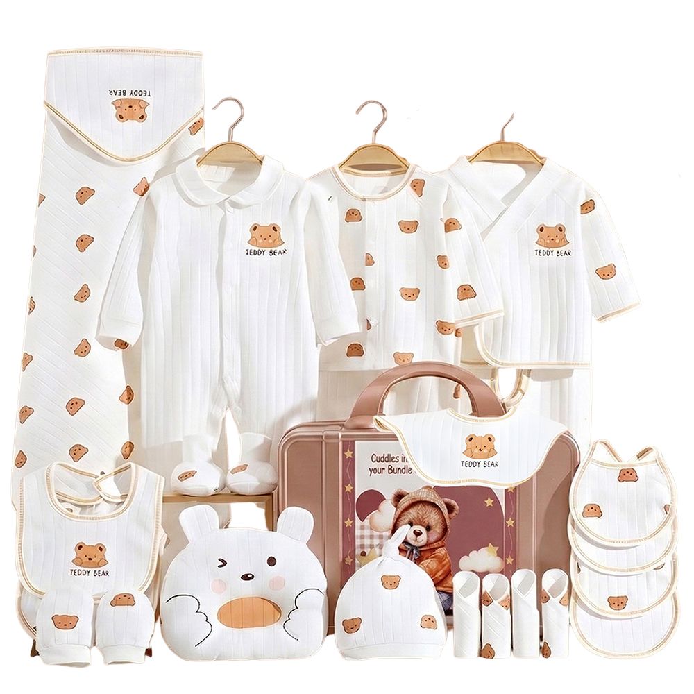 Little Surprise Box, 25pcs Cream Teddy Bear Collared Newborn Baby Hamper, Baby Boy/Baby Girl with Suitcase, 0-12 months