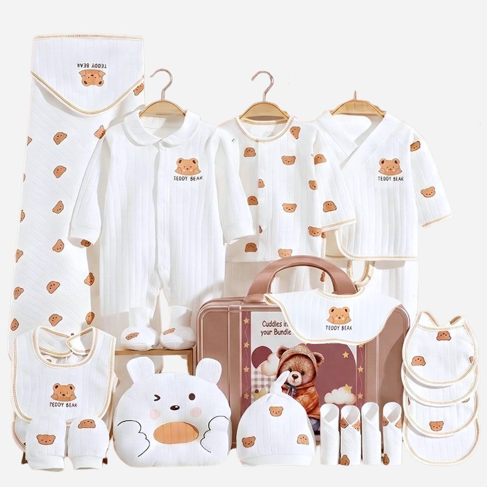 Little Surprise Box, 25pcs Cream Teddy Bear Collared Newborn Baby Hamper, Baby Boy/Baby Girl with Suitcase, 0-12 months