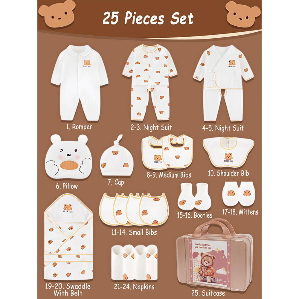 Little Surprise Box, 25pcs Cream Teddy Bear Collared Newborn Baby Hamper, Baby Boy/Baby Girl with Suitcase, 0-12 months