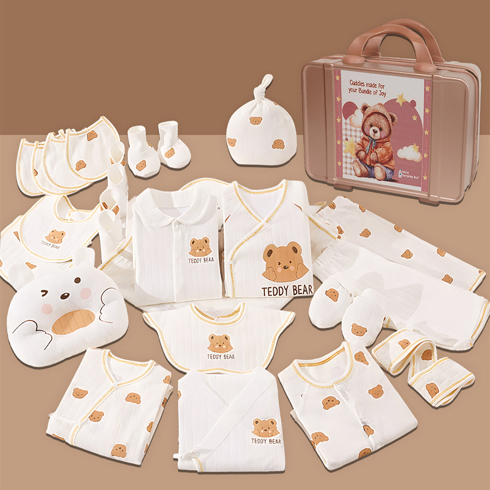 Little Surprise Box, 25pcs Cream Teddy Bear Collared Newborn Baby Hamper, Baby Boy/Baby Girl with Suitcase, 0-12 months