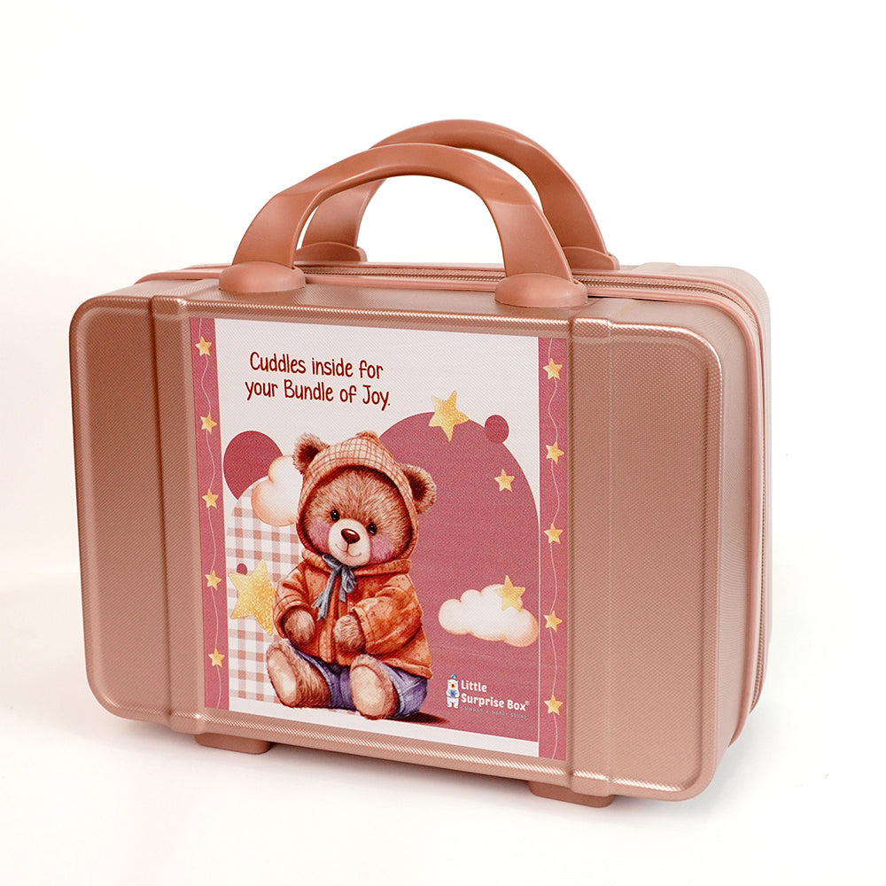 Little Surprise Box, 25pcs Cream Teddy Bear Collared Newborn Baby Hamper, Baby Boy/Baby Girl with Suitcase, 0-12 months