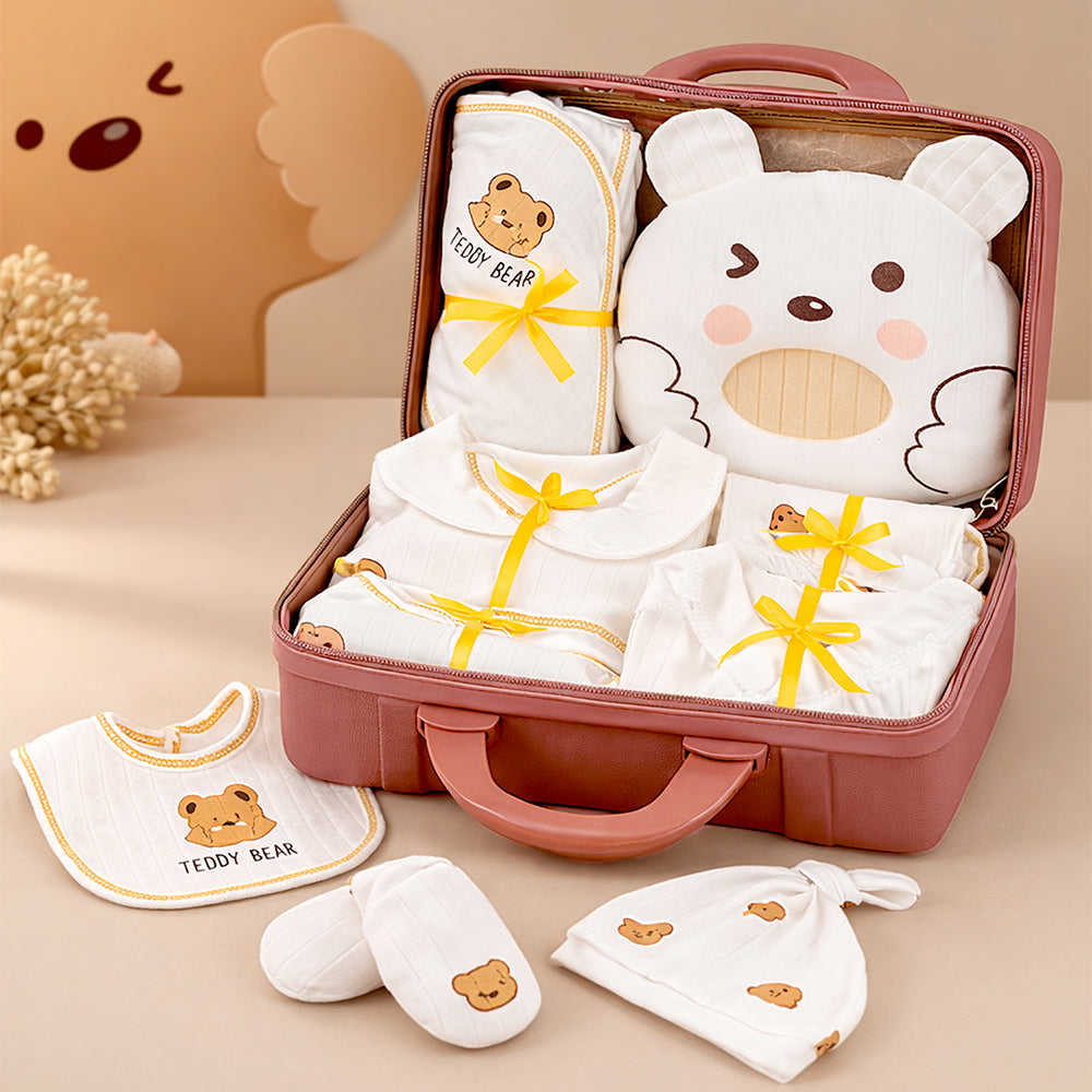 Little Surprise Box, 25pcs Cream Teddy Bear Collared Newborn Baby Hamper, Baby Boy/Baby Girl with Suitcase, 0-12 months