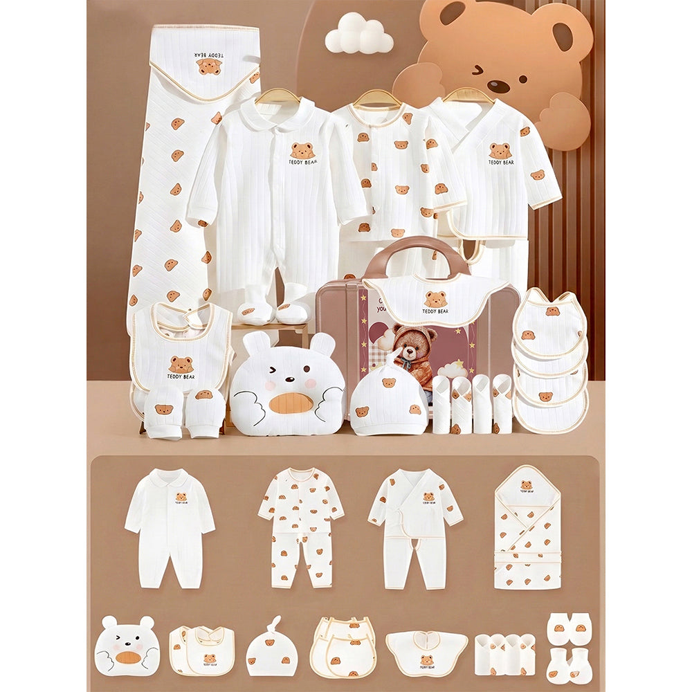 Little Surprise Box, 25pcs Cream Teddy Bear Collared Newborn Baby Hamper, Baby Boy/Baby Girl with Suitcase, 0-12 months