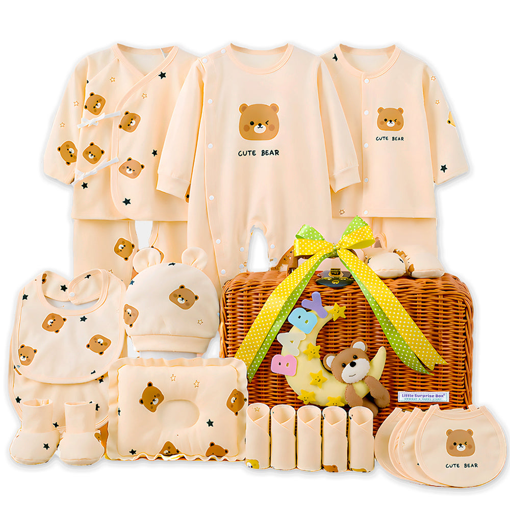 Little Surprise Box, 25 pcs Beige Bear Hamper for Newborn Boy/Girl, All Season wear hamper with luxury designed blue storage cane basket 0-12 months