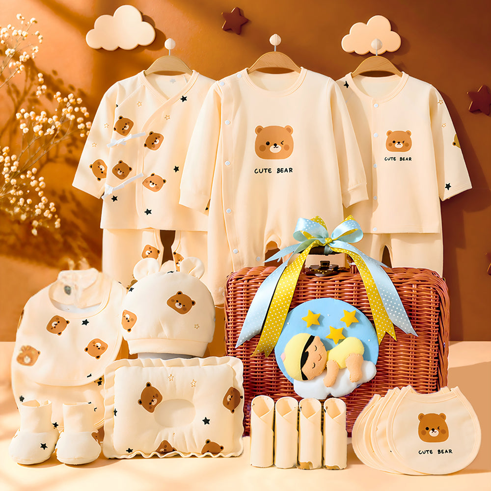 Little Surprise Box, 25 pcs Beige Bear Hamper for Newborn Boy/Girl, All Season wear hamper with luxury designed blue storage cane basket 0-12 months