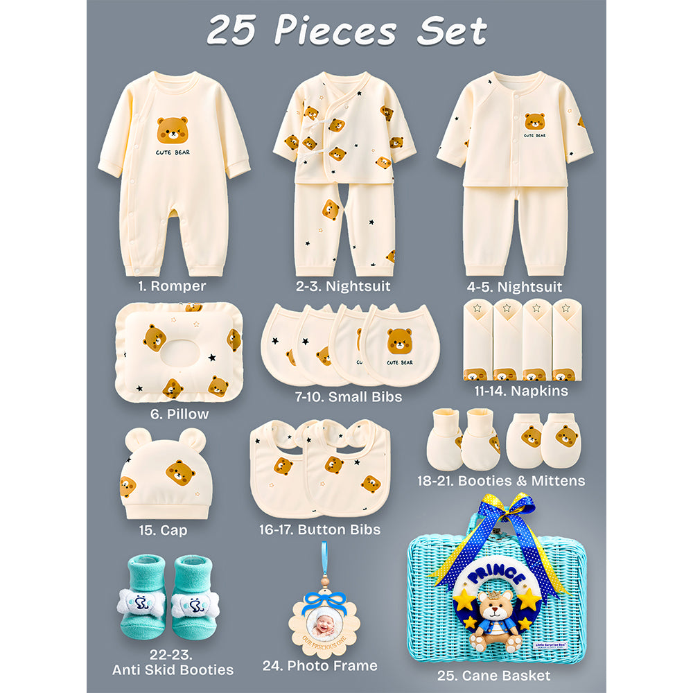 Little Surprise Box, 25 pcs Price Hamper for Newborn Boy/Girl, All Season wear hamper with luxury designed blue storage cane basket 0-12 months