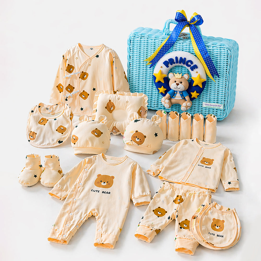 Little Surprise Box, 25 pcs Price Hamper for Newborn Boy/Girl, All Season wear hamper with luxury designed blue storage cane basket 0-12 months