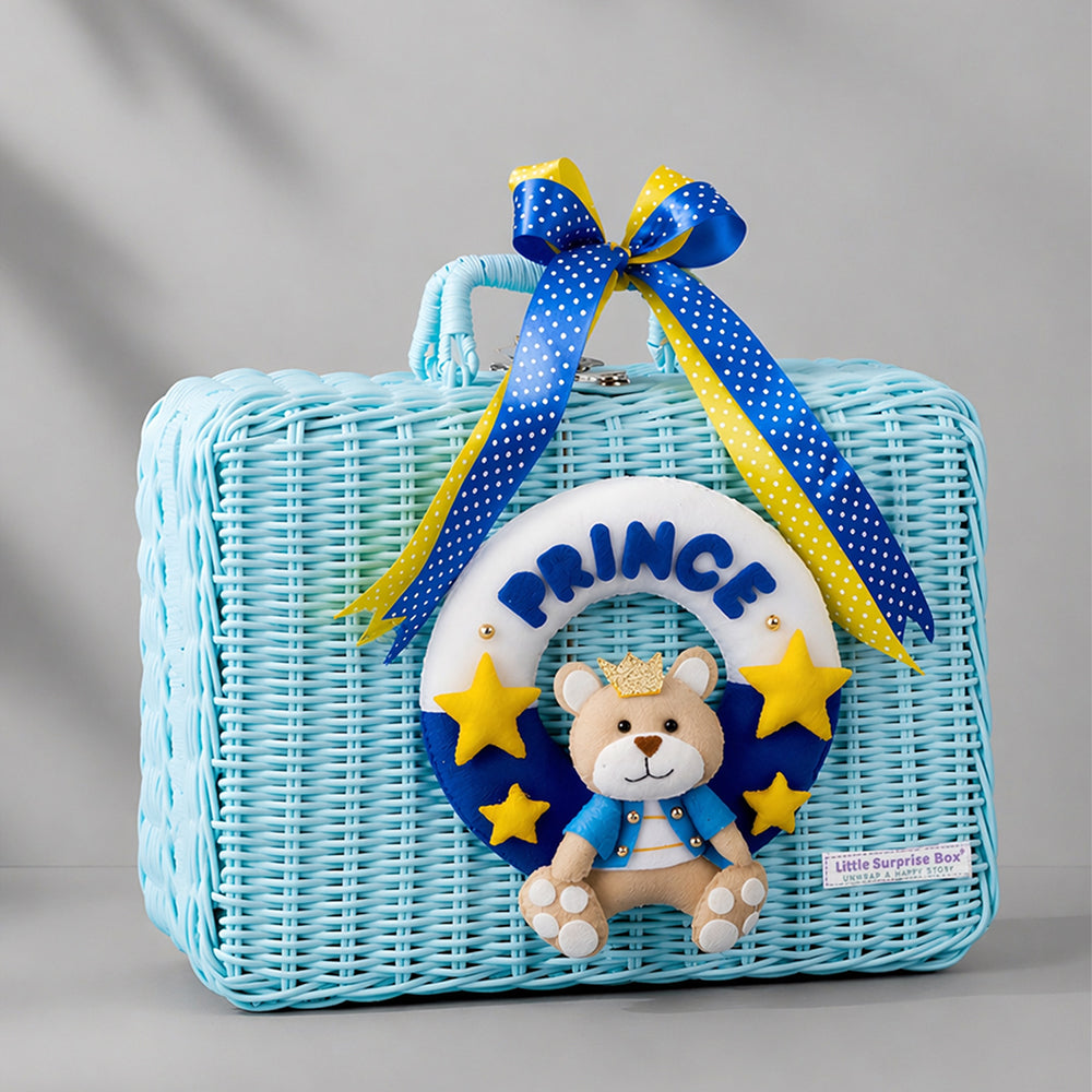 Little Surprise Box, 25 pcs Price Hamper for Newborn Boy/Girl, All Season wear hamper with luxury designed blue storage cane basket 0-12 months